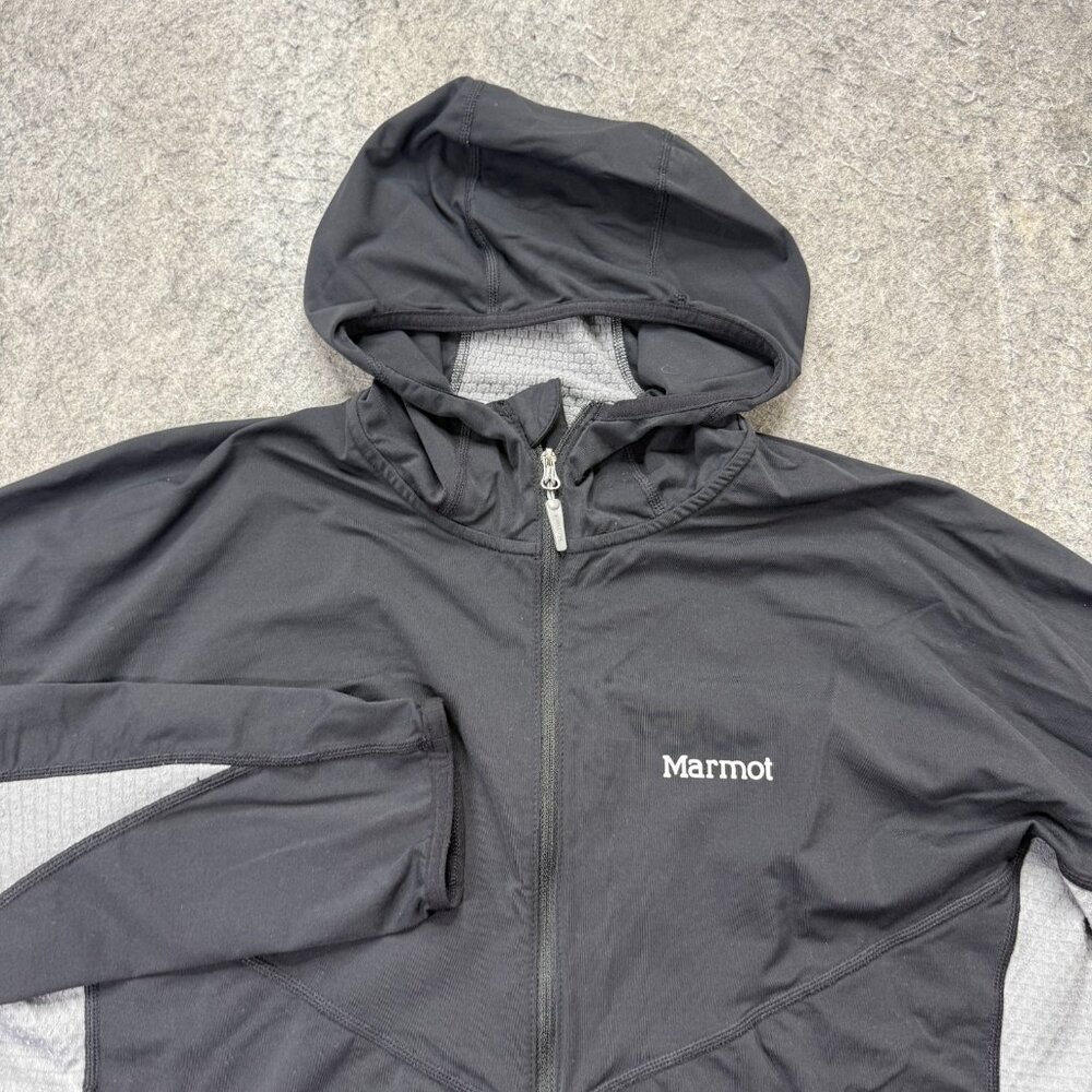 Marmot Jacket Women L Black Gray Hooded Nylon Full Zip Adjustable Zipped Pockets